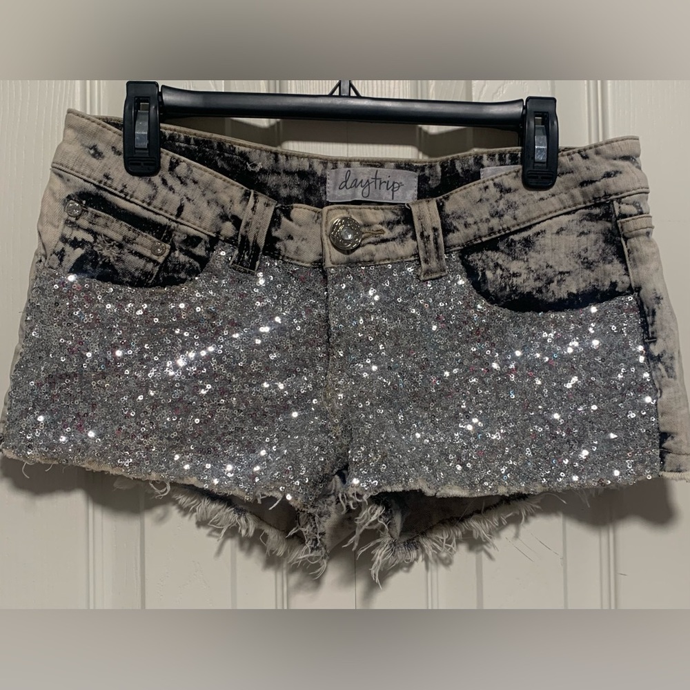 Daytrip Silver Sequin Denim Cutoff Shorts Frayed Hem
